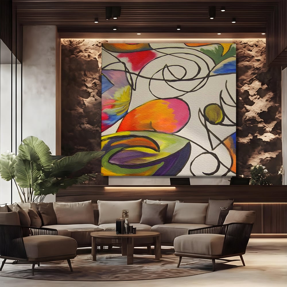 Tablou canvas cu pictura abstracta cu forme colorate si linii negre, fara rama, pe sasiu de lemn, pe perete intr-un birou